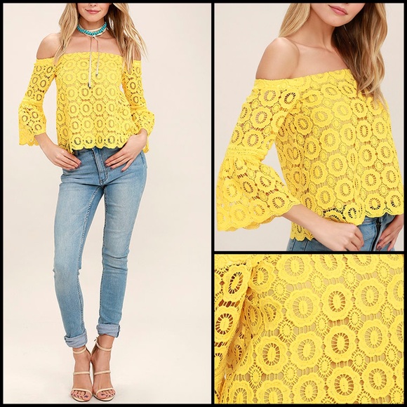 Lulus Tops - Lulu’s Yellow Crochet Lace Off Shoulder Blouse Top
